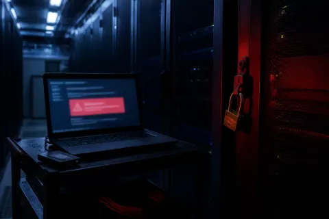 Dim server room aisle with a laptop on a cart showing a blurred red warning panel and an open padlock hanging on a rack, illustrating AI ransomware attacks