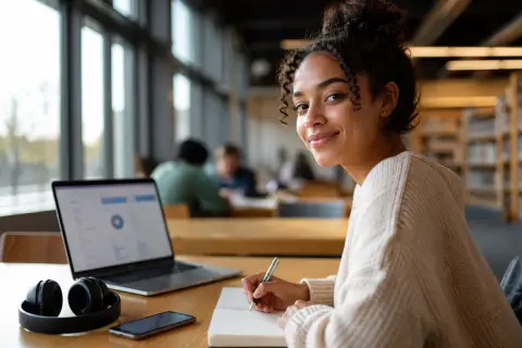 College student smiling at a library table with a laptop, headphones, smartphone and notebook, illustrating the Google AI student plan