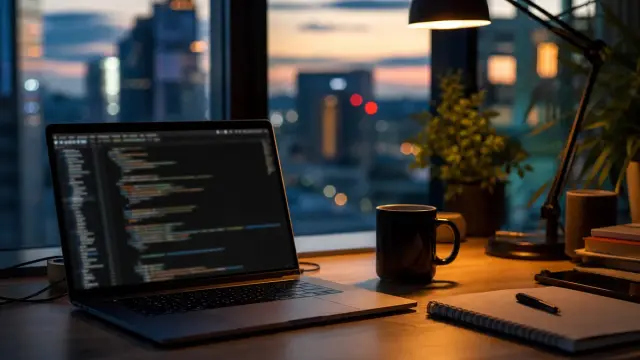 Developer's desk with a laptop showing blurred code and a notebook, illustrating Meta's Muse Wonder frontier AI model