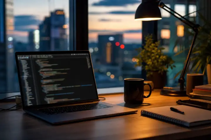 Developer's desk with a laptop showing blurred code and a notebook, illustrating Meta's Muse Wonder frontier AI model