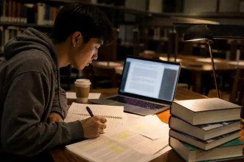 College student taking notes at a library desk with a laptop, textbooks and highlighted research papers, illustrating Perplexity for students