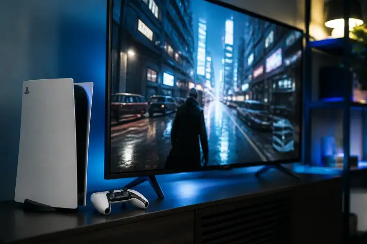 White PlayStation 5 console and controller beside a TV showing a sharp rainy city scene in a dim blue-lit room, illustrating PS5 QSSR AI upscaling
