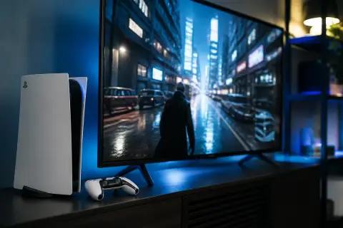 White PlayStation 5 console and controller beside a TV showing a sharp rainy city scene in a dim blue-lit room, illustrating PS5 QSSR AI upscaling