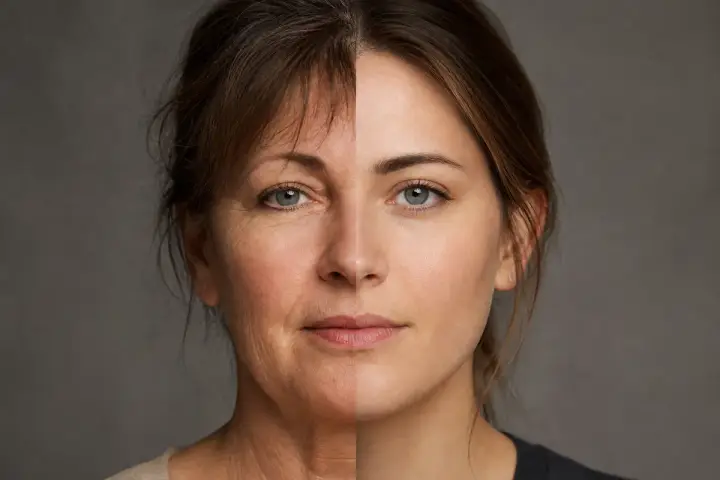 Portrait of two adult relatives with faces joined down the middle to show a family resemblance
