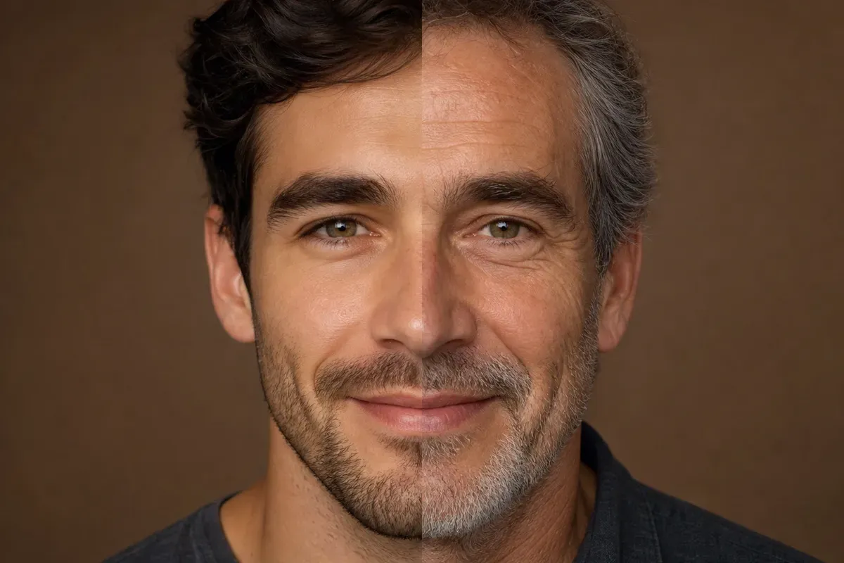 Color split-face portrait blending a younger man and an older man with matching features