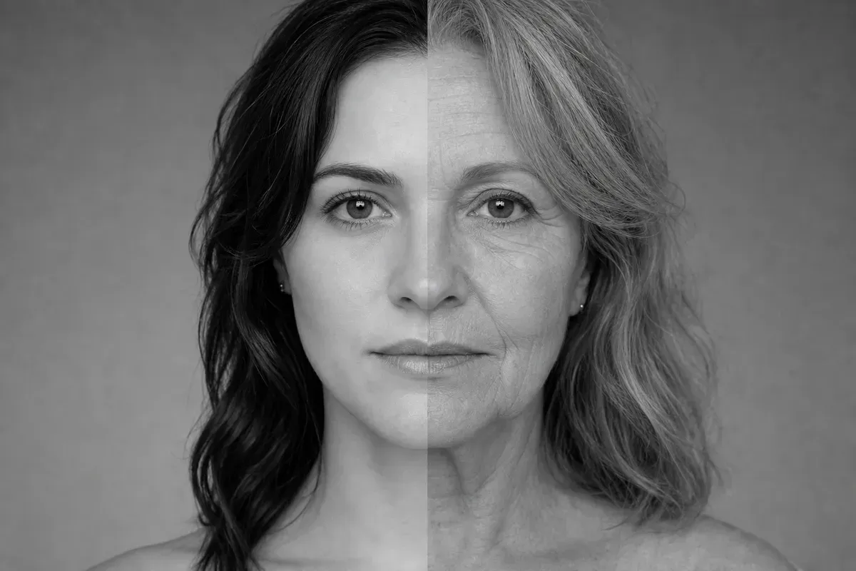 Black-and-white split-face portrait blending a younger woman and an older woman with matching features