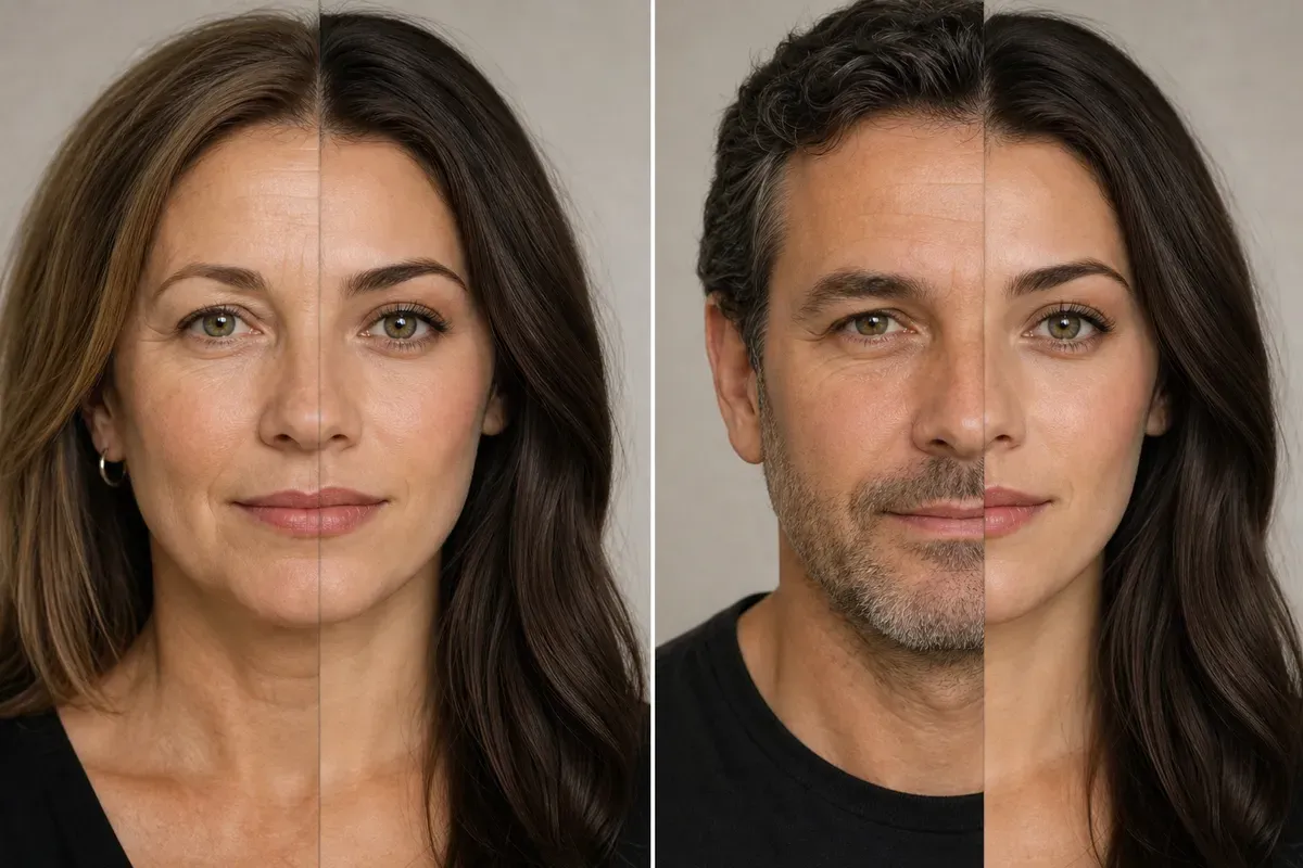 Two split-face portraits comparing one woman with her mother on the left and her father on the right