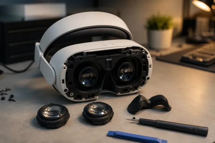 Standalone VR headset opened on a clean workbench with magnetic lens modules set beside it, illustrating Steam Frame repairability