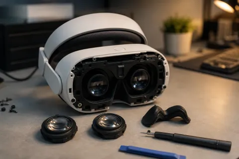 Standalone VR headset opened on a clean workbench with magnetic lens modules set beside it, illustrating Steam Frame repairability