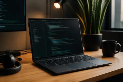 Dark laptop open on a wooden desk with blurred code on the screen, a plant, headphones and a mug, illustrating the Microsoft Surface Laptop Ultra