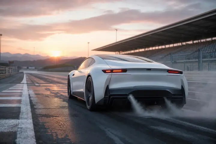 White electric sports car seen from behind on a race track at dawn, with a faint mist of gas drifting from the rear